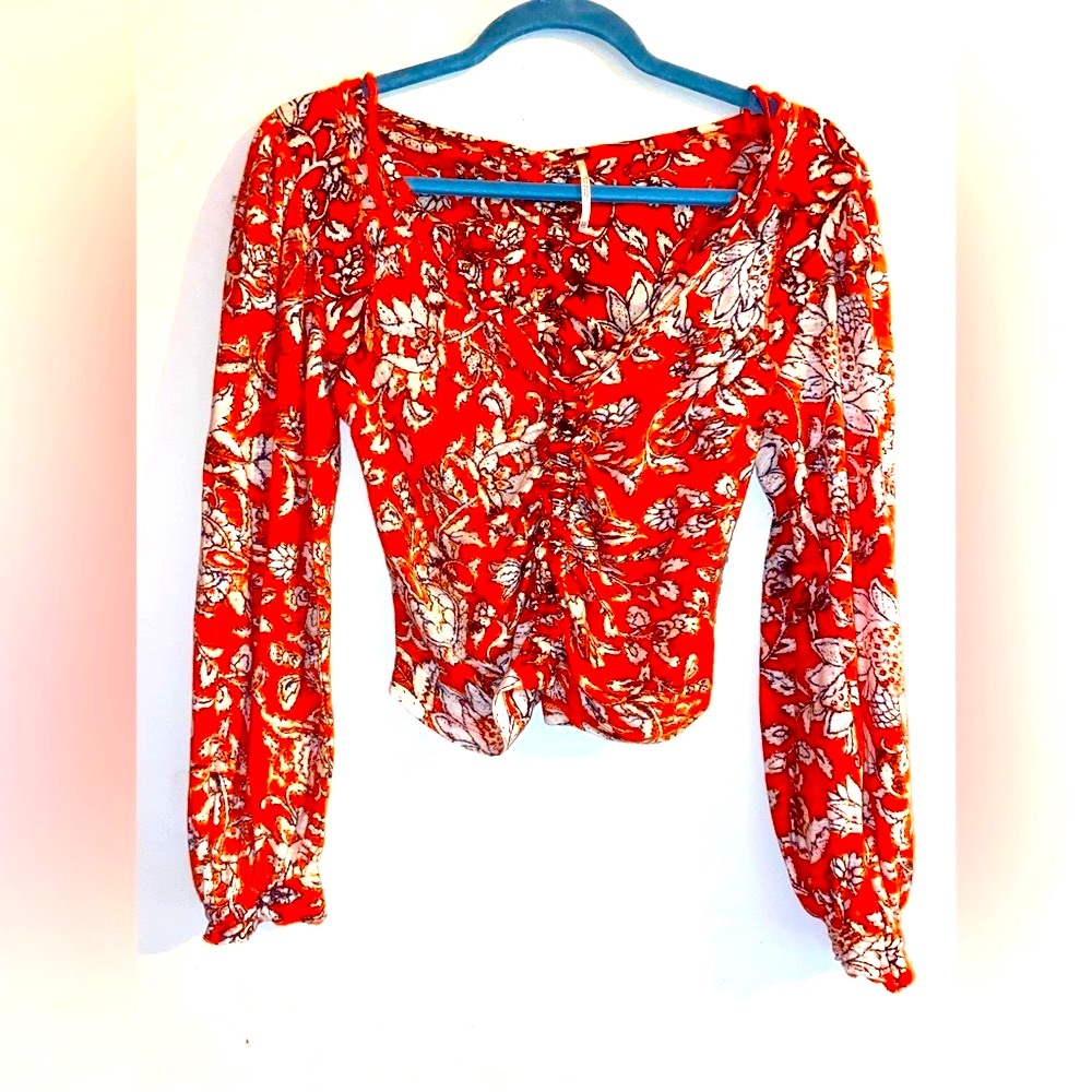 Free People Red & White Long Sleeve Crop Top Size XS